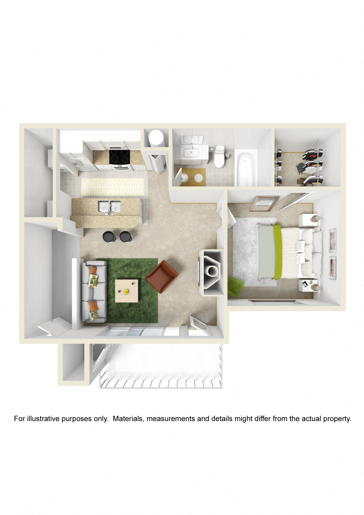 Floor plan for 1 bed, 1 bath, 585 sqft